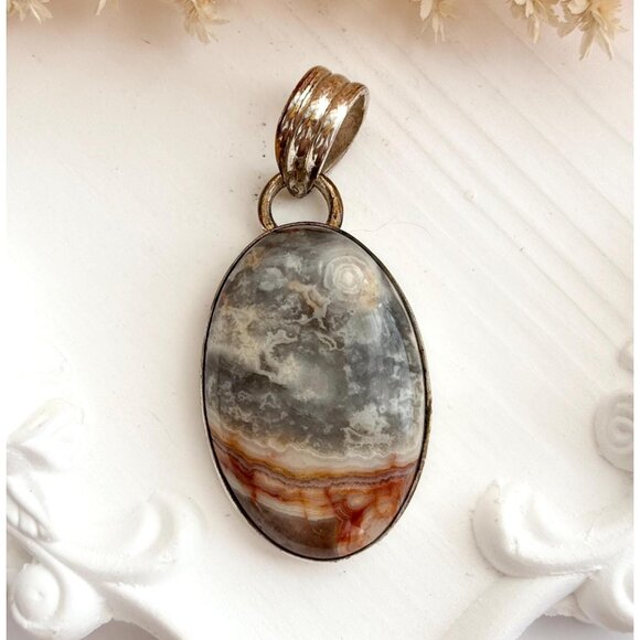 Polished Agate Gemstone Oval Sterling Silver Minimalist 925 Vintage Pendant - Picture 1 of 10